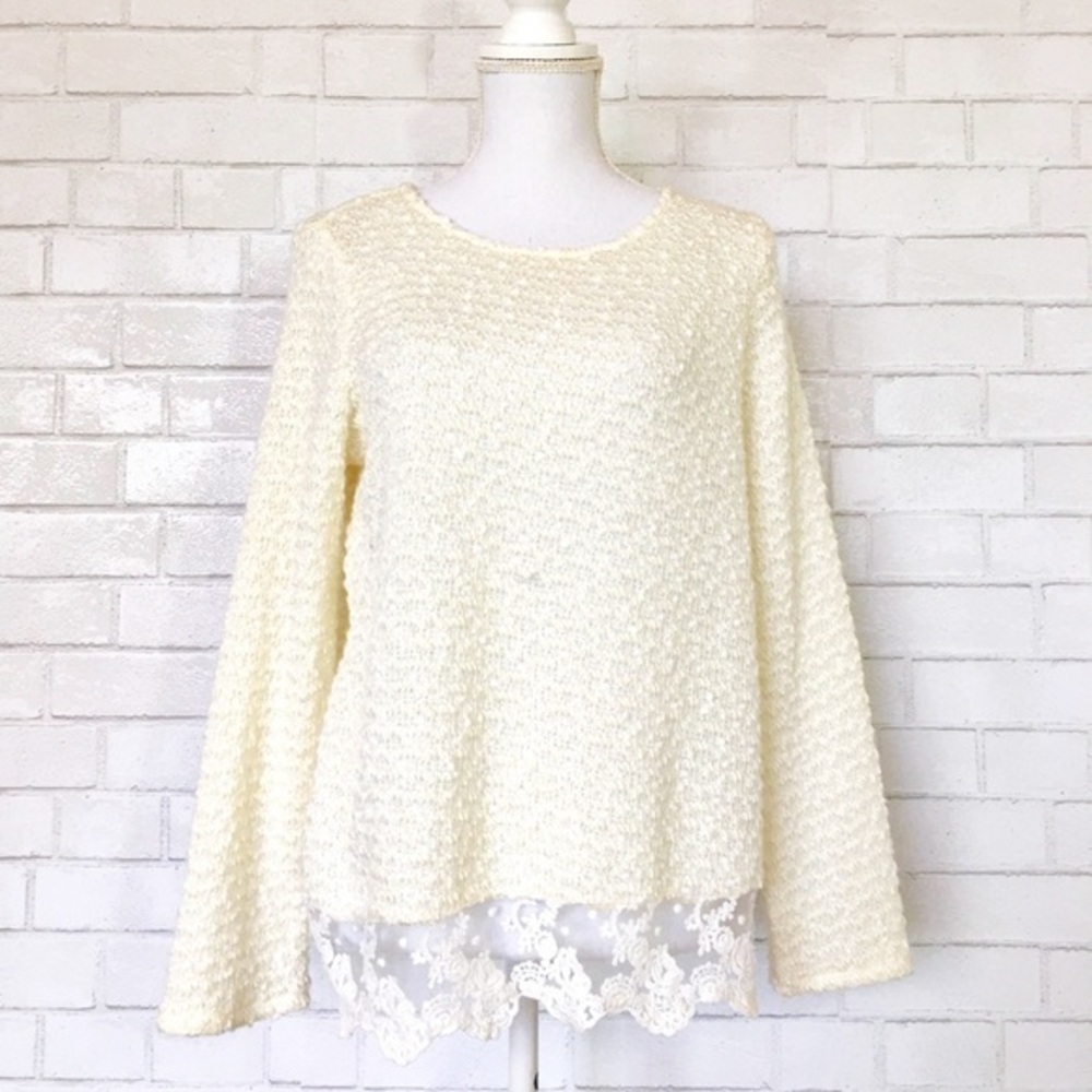Forever 21 Soft Boucle Cream White Semi Sheer Lace Hem Sweater Blouse Y2K